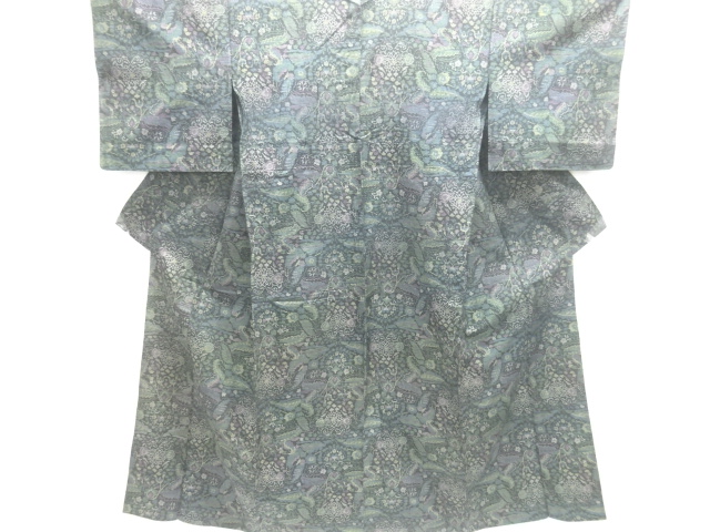 JAPANESE KIMONO / ANTIQUE HITOE KIMONO / SILK / TSUMUGI / WOVEN ABSTRACT PATTERN